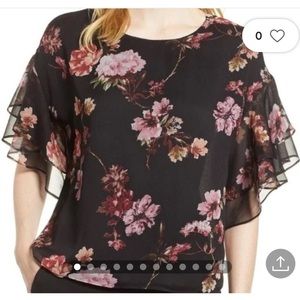 Vince Camuto Tiered Ruffle Garden Floral Sheer Blouse, L